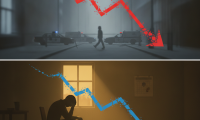 A split image showing a street scene with police and ambulances above, and a person sitting in a dar — firearm deaths 2024