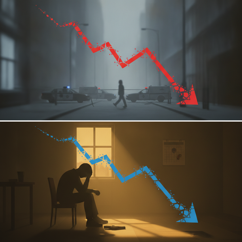 A split image showing a street scene with police and ambulances above, and a person sitting in a dar — firearm deaths 2024