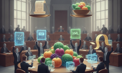 A stylized courtroom scene with a scale balancing fruits and vegetables, surrounded by lawm — Food for Thought Act of 2026
