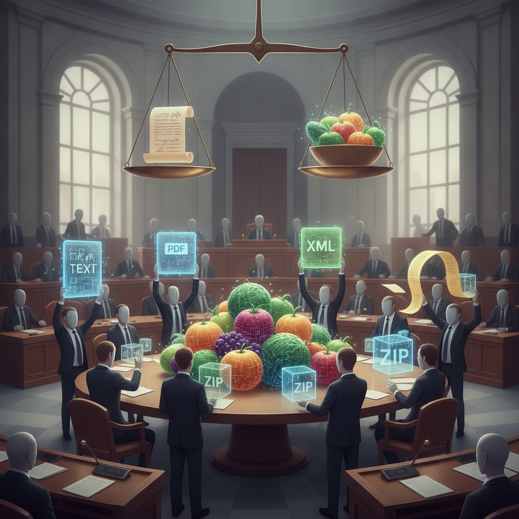 A stylized courtroom scene with a scale balancing fruits and vegetables, surrounded by lawm — Food for Thought Act of 2026
