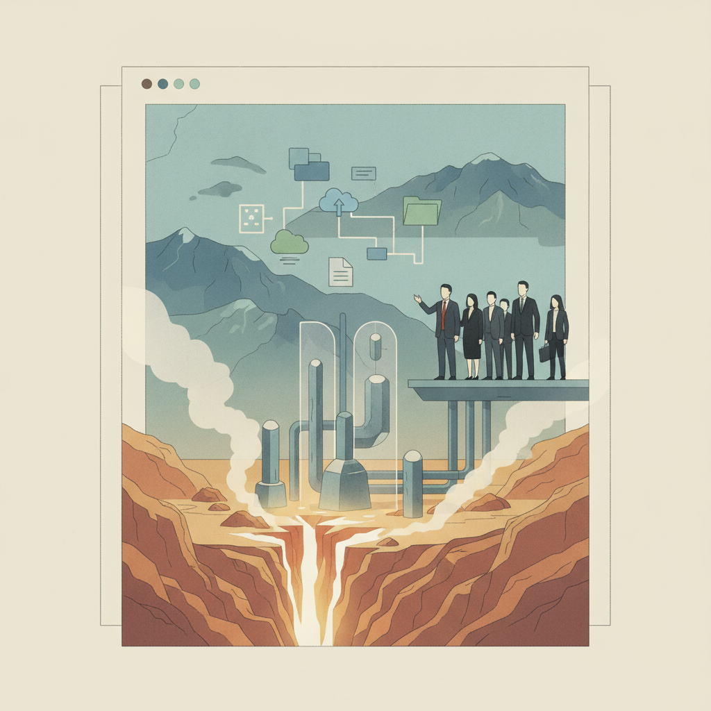 Illustration depicting a geothermal energy site with officials discussing project plan — Geothermal Energy Advancement Act