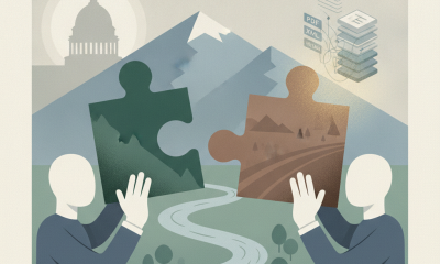 Two abstract figures holding puzzle pieces representing land exchange, with mountains and a go — Greeley Land Exchange Act