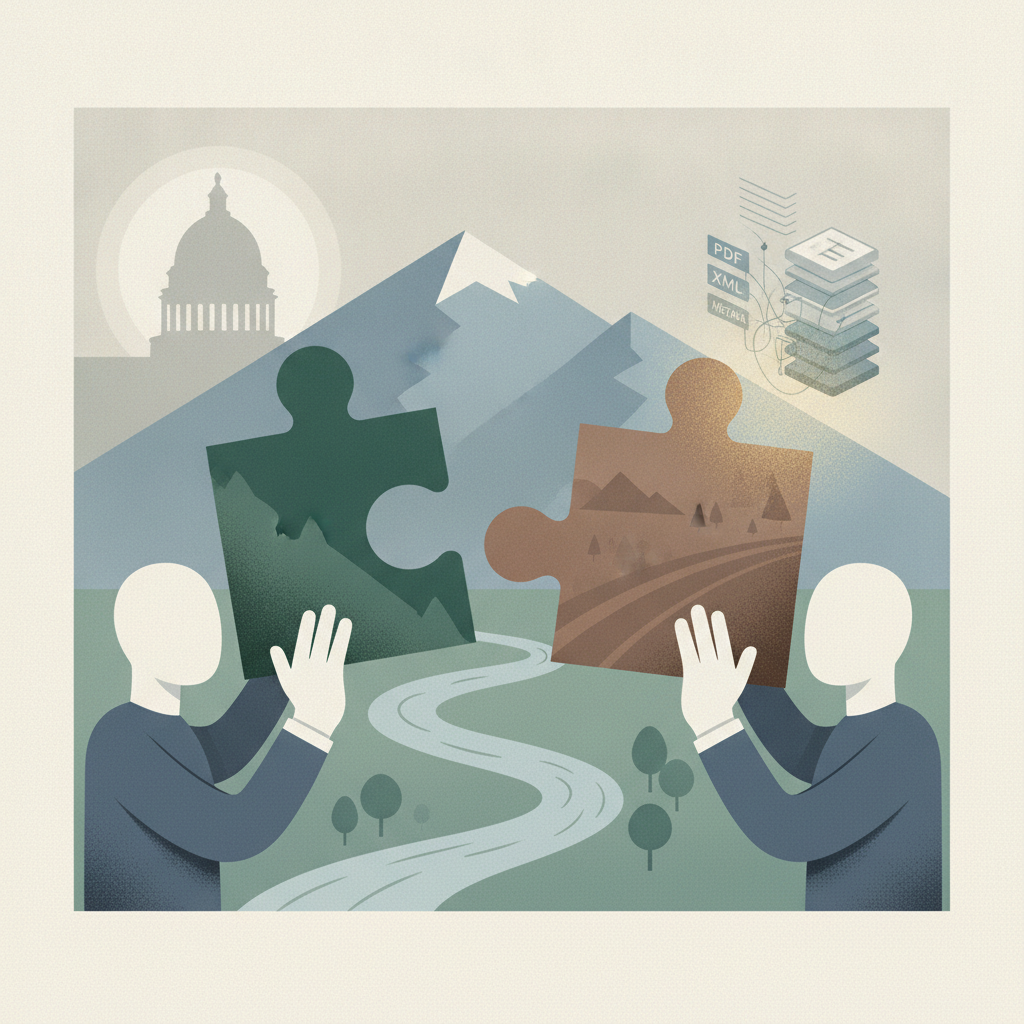 Two abstract figures holding puzzle pieces representing land exchange, with mountains and a go — Greeley Land Exchange Act
