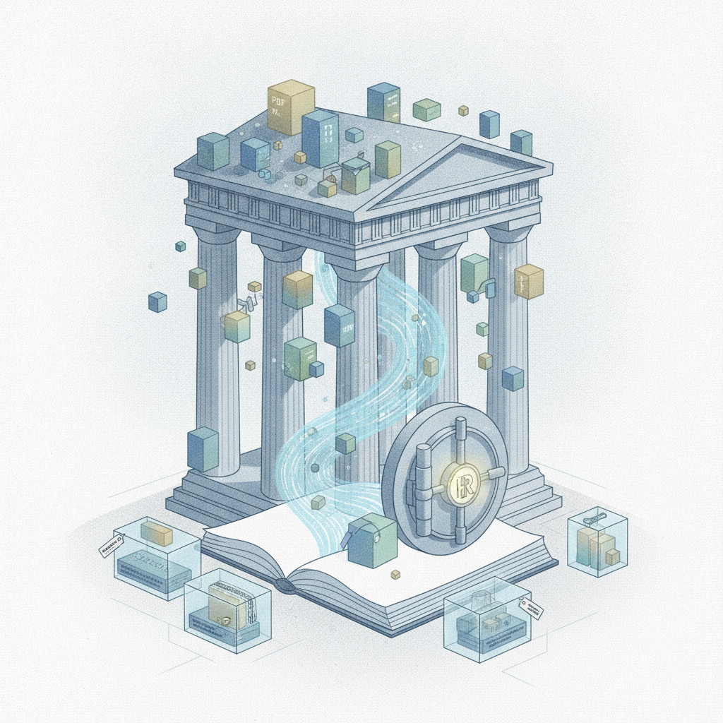 Illustration of a classical building with floating data cubes and a large book, symbolizing legislative recor — H Res 1504