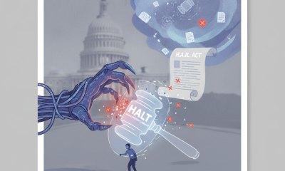A giant robotic hand reaches for a gavel labeled 'HALT' while a small figure stands b — Halt Abusive Internet Lawsuits Act