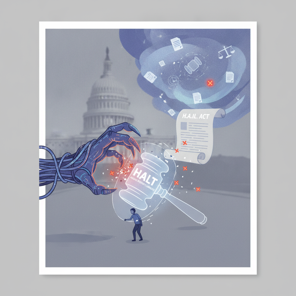 A giant robotic hand reaches for a gavel labeled 'HALT' while a small figure stands b — Halt Abusive Internet Lawsuits Act