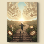 A person stands on a path surrounded by distractions, with clouds and figures symbolizing support a — Hebrews 12:1 Meaning