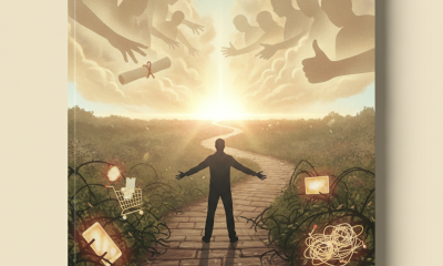 A person stands on a path surrounded by distractions, with clouds and figures symbolizing support a — Hebrews 12:1 Meaning