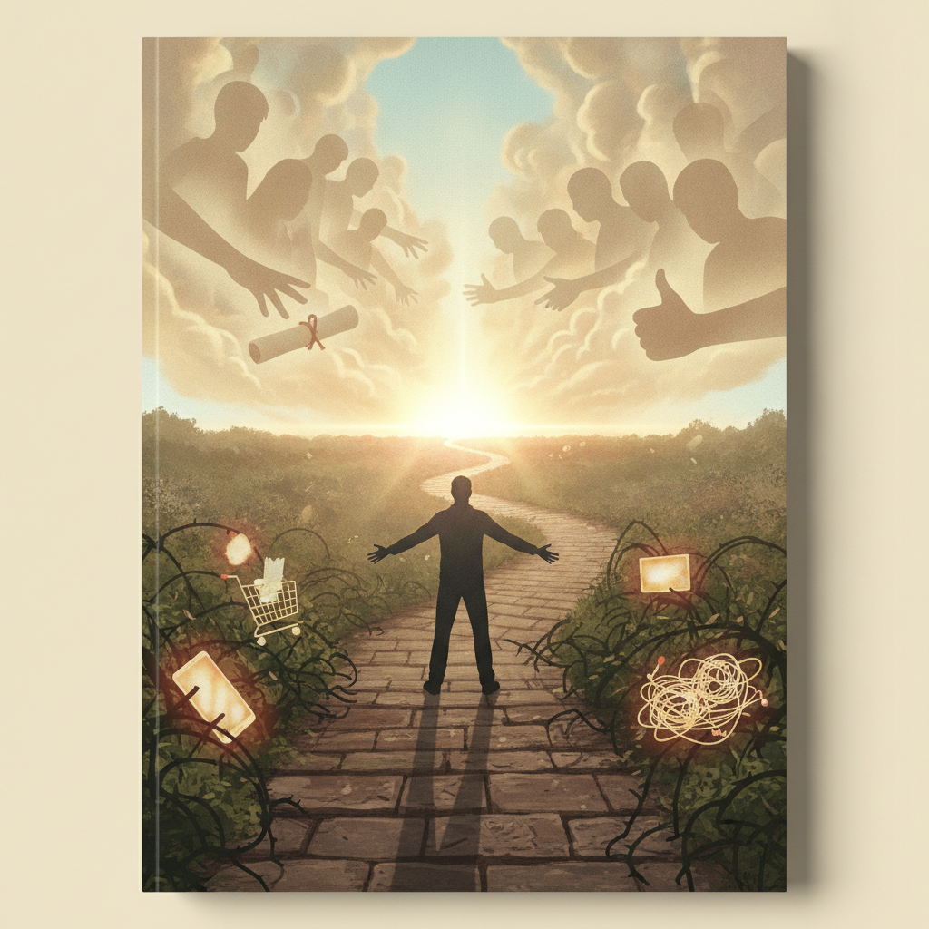 A person stands on a path surrounded by distractions, with clouds and figures symbolizing support a — Hebrews 12:1 Meaning