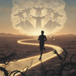 A person running on a glowing path surrounded by ethereal figures representing a cloud of witnesses, symbolizing faith and…