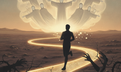 A person running on a glowing path surrounded by ethereal figures representing a cloud of witnesses, symbolizing faith and…