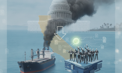 Commercial cargo ship docked at port amid HJ Res 210 California vessel emissions debate.