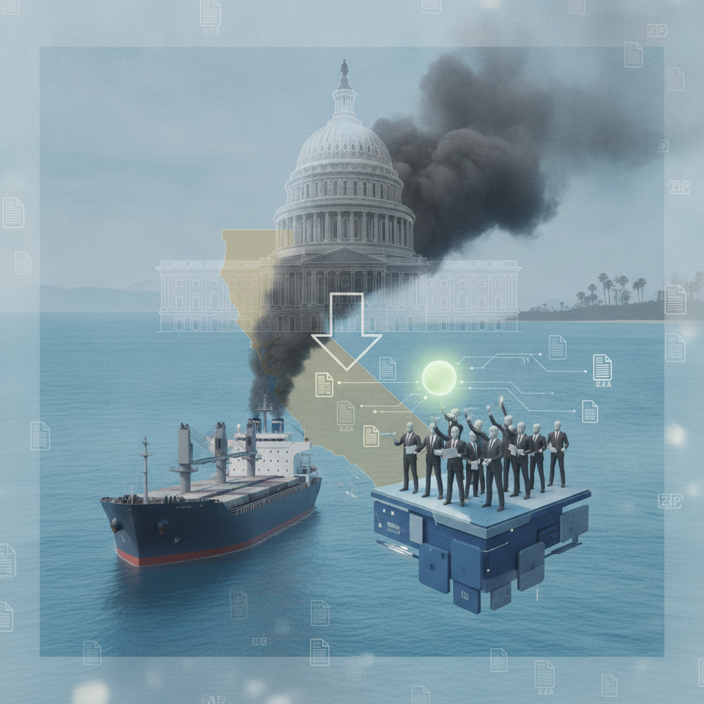 Commercial cargo ship docked at port amid HJ Res 210 California vessel emissions debate.