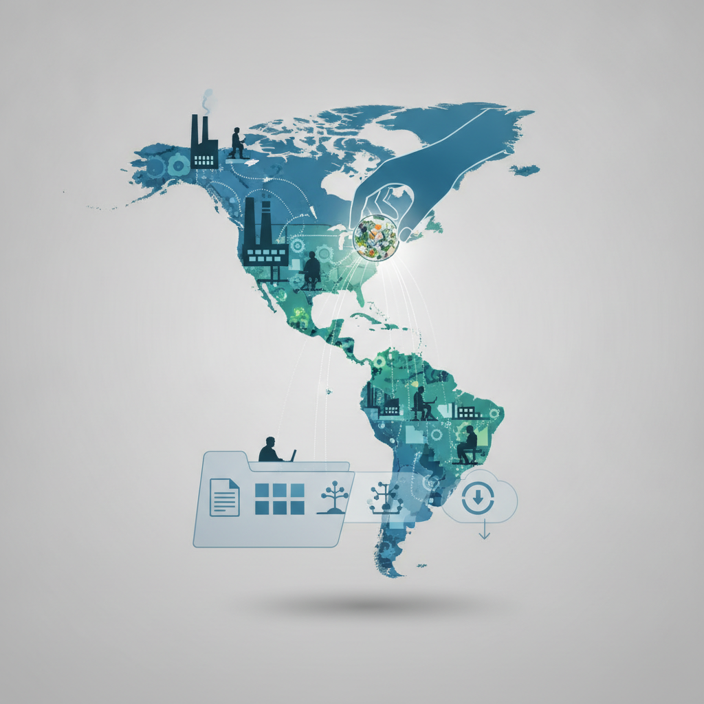 Illustration of a map of the Americas with icons representing bat — Battery Recycling for Americas Competitive Economy Act