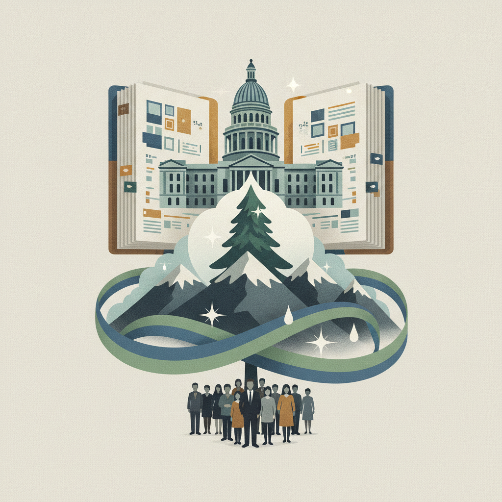 Illustration depicting a stylized mountain landscape with a tree and a — Evergreen Colorado act of violence commemoration