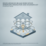 Illustration depicting the HR 1640 Heirs Estate Inheritance Resolution and Succession Act with a stylized courthouse and d…