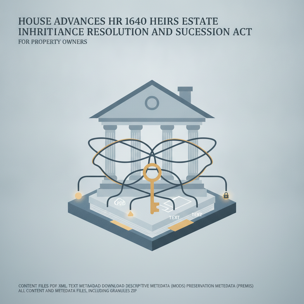 Illustration depicting the HR 1640 Heirs Estate Inheritance Resolution and Succession Act with a stylized courthouse and d…