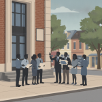 Group of people gathered outside a building, discussing the Bettie Cole Post Office re — Bettie Cole Post Office Sewickley