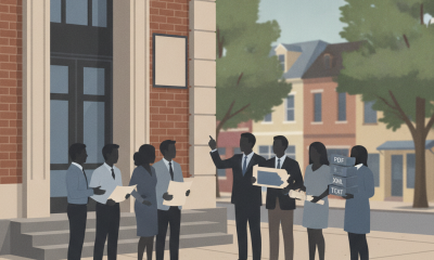Group of people gathered outside a building, discussing the Bettie Cole Post Office re — Bettie Cole Post Office Sewickley