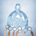 Illustration promoting National Prostate Cancer Awareness Month with a blue ribbon and a map of the U.S. highlighting awar…