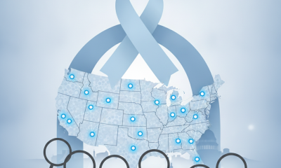Illustration promoting National Prostate Cancer Awareness Month with a blue ribbon and a map of the U.S. highlighting awar…