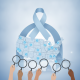 Illustration promoting National Prostate Cancer Awareness Month with a blue ribbon and a map of the U.S. highlighting awar…