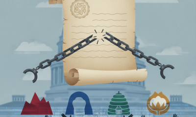 Illustration depicting a scroll with chains breaking, symbolizin — constitutional amendment to prohibit slavery punishment