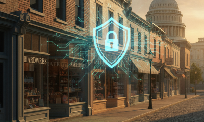 A street scene with shops and a digital lock symbol overlay, representing the Cybersecurity for Small Businesses Act.