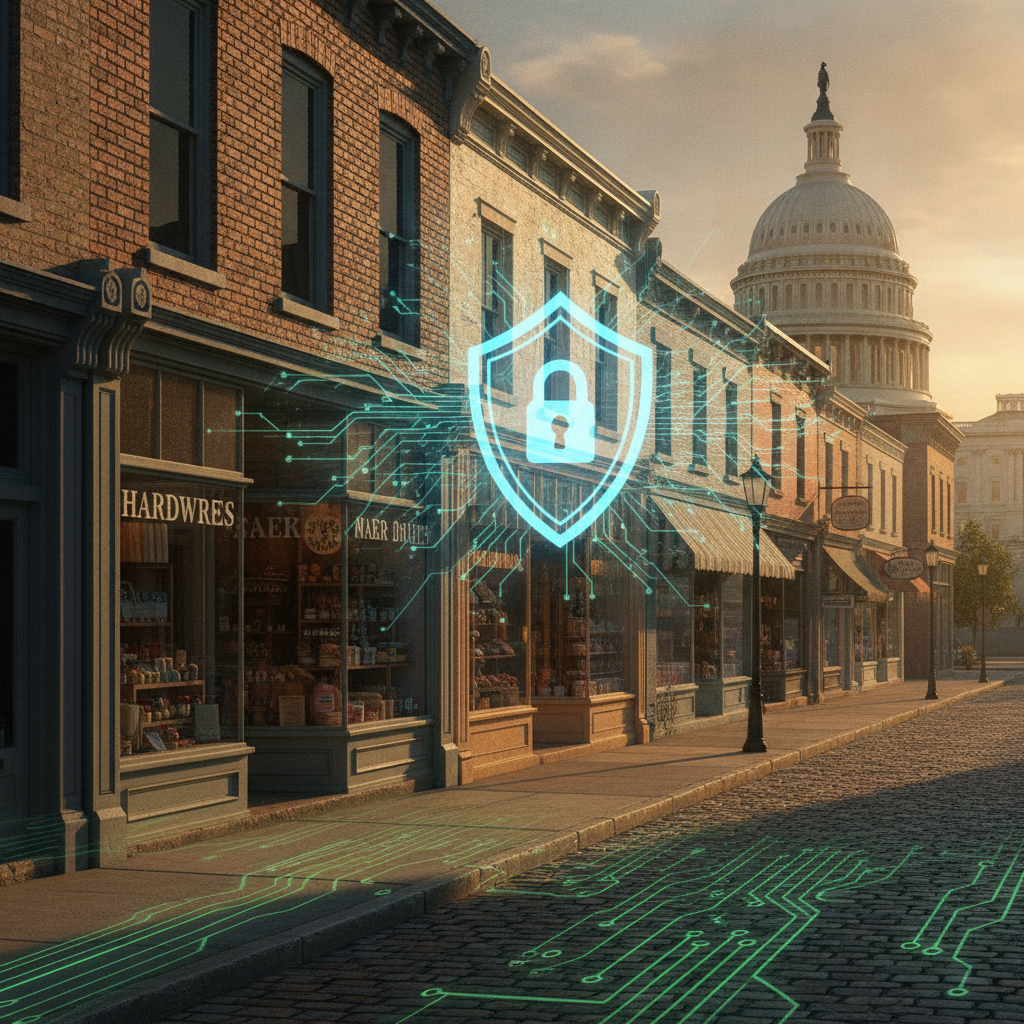 A street scene with shops and a digital lock symbol overlay, representing the Cybersecurity for Small Businesses Act.