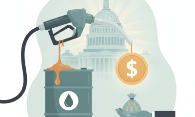 Illustration depicting a fuel pump pouring oil into a barrel with a dollar sign and a h — Taxpayer Relief from Big Oil Act