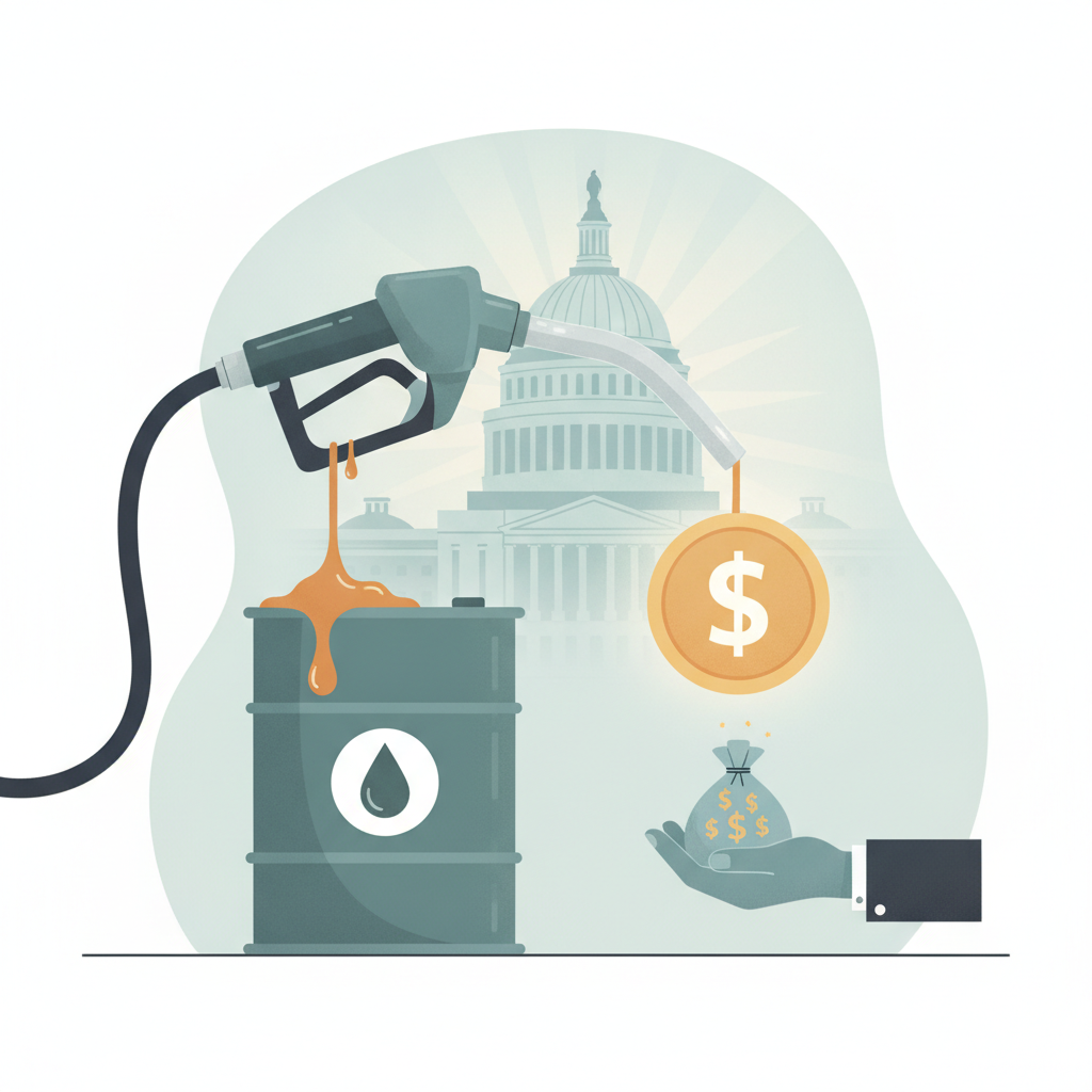 Illustration depicting a fuel pump pouring oil into a barrel with a dollar sign and a h — Taxpayer Relief from Big Oil Act