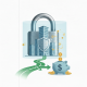 An illustration of a padlock over a cityscape with a piggy ban — No Federal Taxpayer-Funded Housing for Illegal Aliens Act