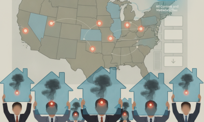 A group of people in business attire holding blue house icons with smoke and red — Carbon Monoxide Poisoning Awareness Day