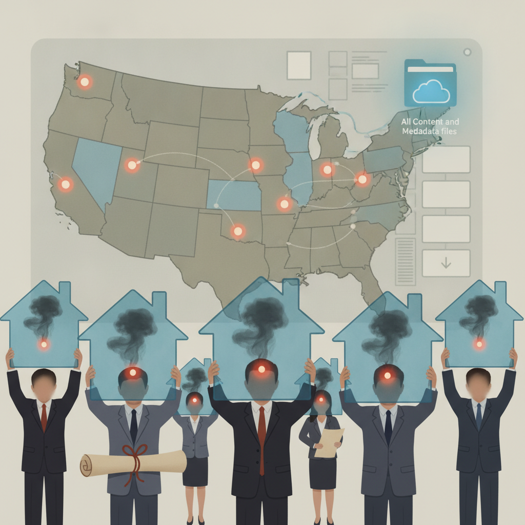 A group of people in business attire holding blue house icons with smoke and red — Carbon Monoxide Poisoning Awareness Day