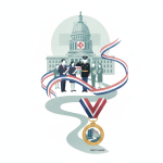 Illustration depicting the West Haven VA Medical Center renaming with a Medal of Honor and a group of people in front of a…
