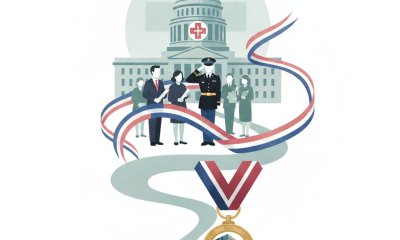Illustration depicting the West Haven VA Medical Center renaming with a Medal of Honor and a group of people in front of a…