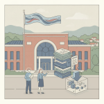 Illustration of two people in front of a building with a flag, discussing documents — anthony gallopo va clinic newton nj