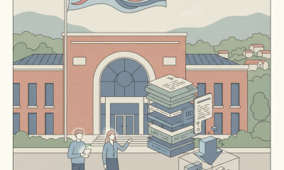 Illustration of two people in front of a building with a flag, discussing documents — anthony gallopo va clinic newton nj