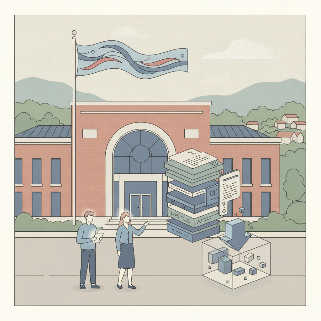 Illustration of two people in front of a building with a flag, discussing documents — anthony gallopo va clinic newton nj