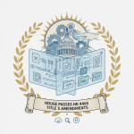 Illustration depicting the House passing HR 4465 Title 5 amendments with gears and documents in the background.