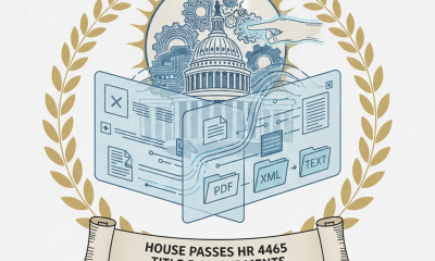 Illustration depicting the House passing HR 4465 Title 5 amendments with gears and documents in the background.