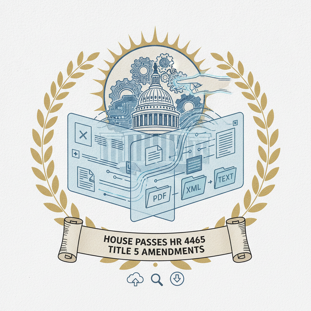 Illustration depicting the House passing HR 4465 Title 5 amendments with gears and documents in the background.