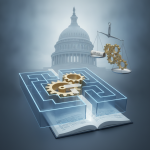 A conceptual illustration of gears in a maze with a backdrop of the U.S. Capitol, representing HR 5185 Title 41 legislation.