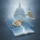 A conceptual illustration of gears in a maze with a backdrop of the U.S. Capitol, representing HR 5185 Title 41 legislation.