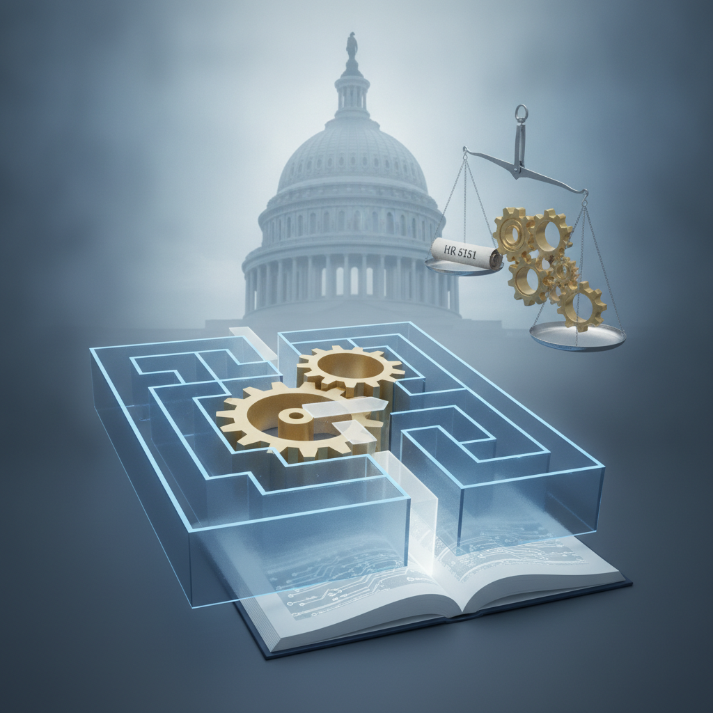 A conceptual illustration of gears in a maze with a backdrop of the U.S. Capitol, representing HR 5185 Title 41 legislation.
