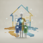 Illustration of a family holding hearts in front of a house, symbolizing su — National Children's Emotional Wellness Month
