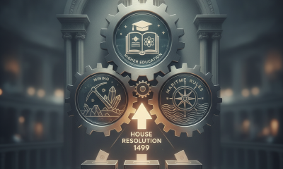 Graphic representation of House Resolution 1499 with gears symbolizing mining, higher education, and maritime rules.