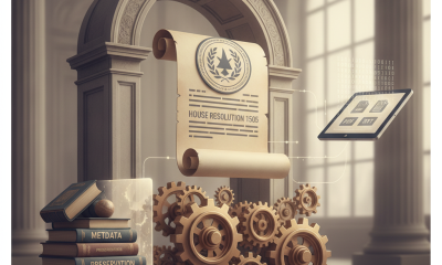A stylized representation of House Resolution 1505 featuring gears, books, and a digital tablet, symbolizing legislative p…