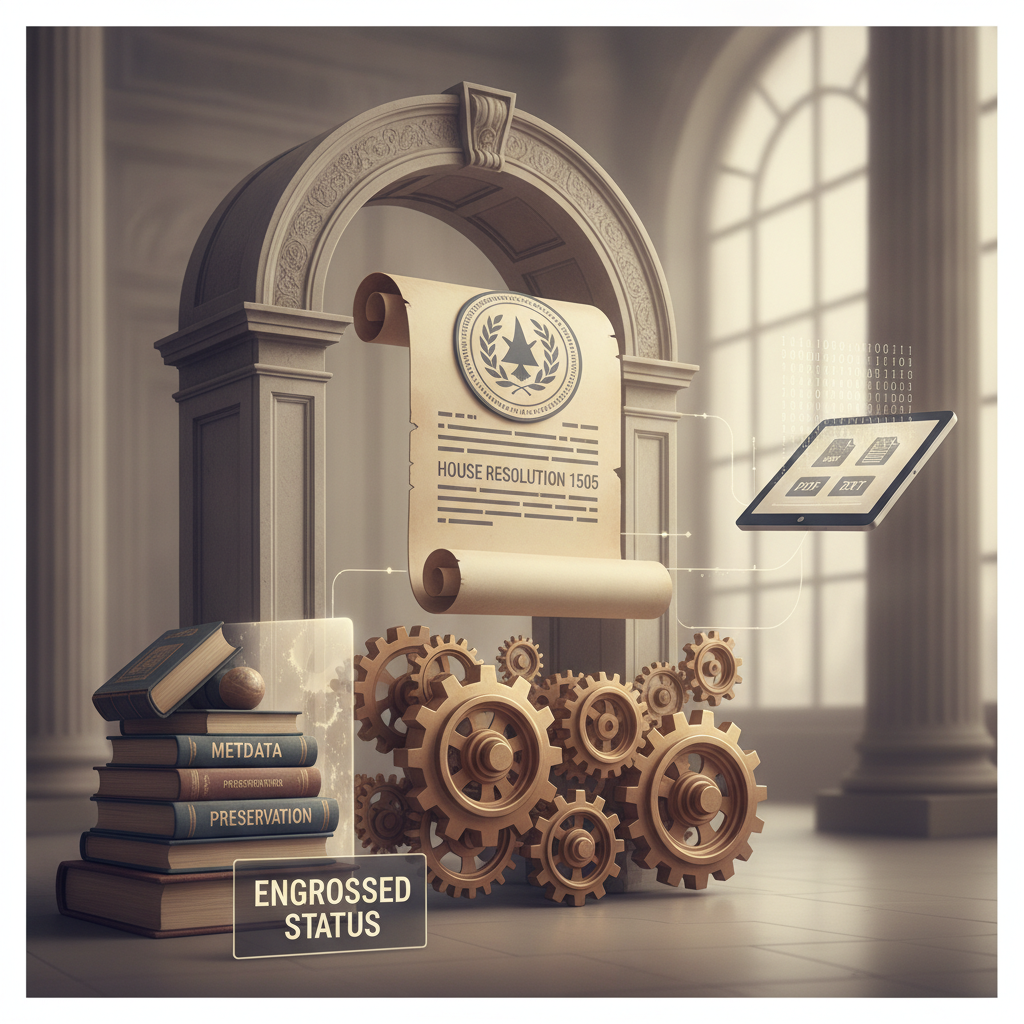 A stylized representation of House Resolution 1505 featuring gears, books, and a digital tablet, symbolizing legislative p…