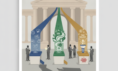 Illustration depicting House Resolution 1530 with symbols for fraud enforcement, EPA rules, and tax relief in front of a g…